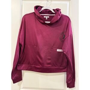Hurley Womens Cropped Hoodie Burgundy Plum Graphic Logo Fleece Sweatshirt Medium